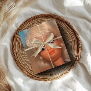 May include: A wrapped gift featuring a doll's face, tied with a cream-colored ribbon, rests on a woven basket. The doll has blonde hair, blue eyes, and red lips. The basket sits on a white fabric surface.