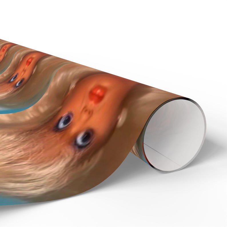 May include: Rolled poster featuring a repeating pattern of doll faces with blonde hair, blue eyes, and red lips. The faces are oriented upside down, creating a unique visual effect. The poster is rolled up, revealing the printed image.