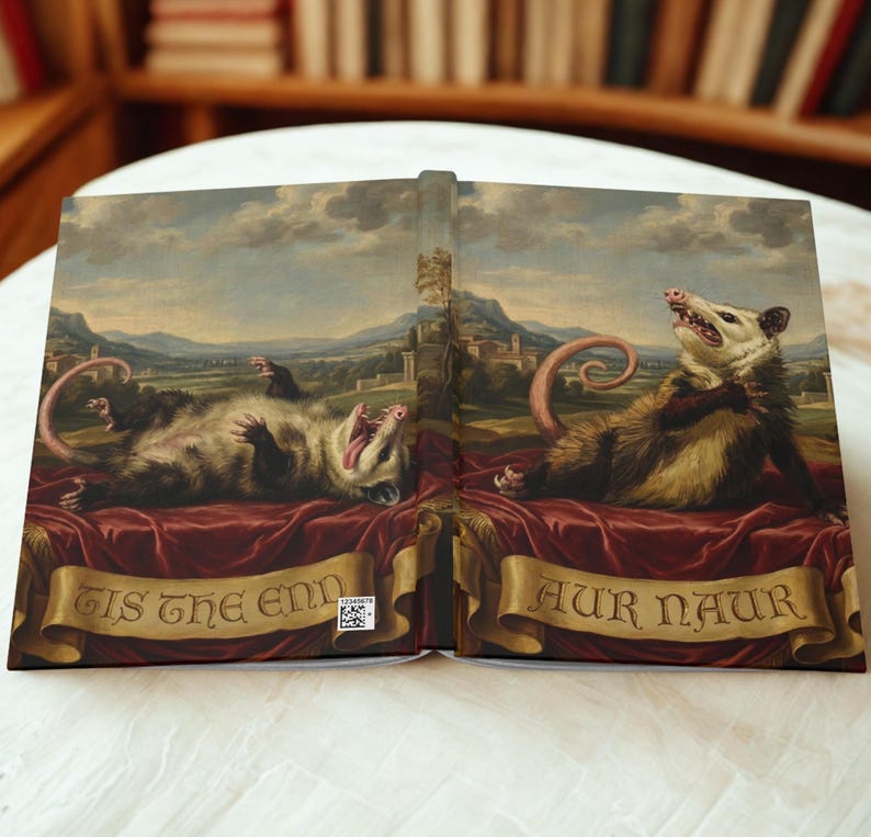 May include: A book cover featuring a painting of two opossums lounging on red velvet. The opossums are set against a backdrop of a landscape with a town and mountains. The text "'Tis the End" and "Aur Naur" are on banners.