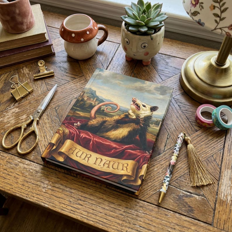 May include: A hardcover journal with a possum illustration and the text "AUR NAUR" on a banner. The journal is on a wooden surface, surrounded by a mushroom mug, scissors, a pen, and decorative items.