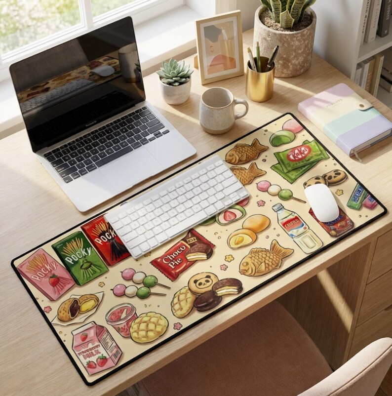 Puede incluir: Alfombrilla de escritorio beige con una colorida ilustraci&oacute;n de aperitivos y dulces japoneses, incluyendo Pocky, Kit Kat y taiyaki. La alfombrilla rectangular, dise&ntilde;ada para teclado y rat&oacute;n, tiene un borde negro y presenta varios alimentos coloridos.