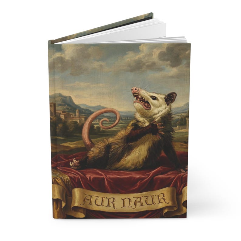 May include: Hardcover journal featuring a classical painting of an opossum reclining on a red velvet cloth. The opossum is the focal point, with its mouth open and tail curled. The journal has a landscape background and a banner with text.
