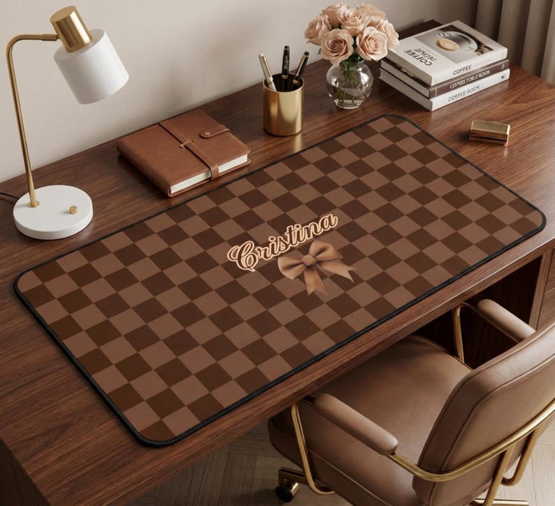 Personalized Brown Checkerboard Desk Mat - Custom Name Luxury Style ...
