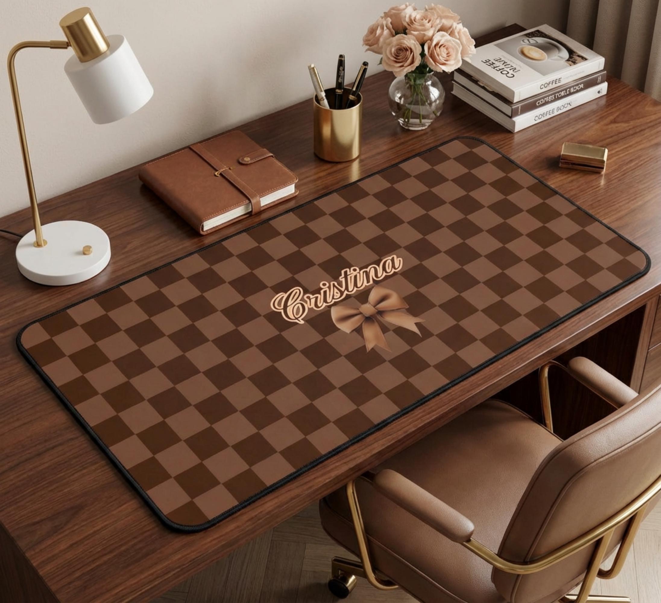 Personalized Brown Checkerboard Desk Mat - Custom Name Luxury Style ...