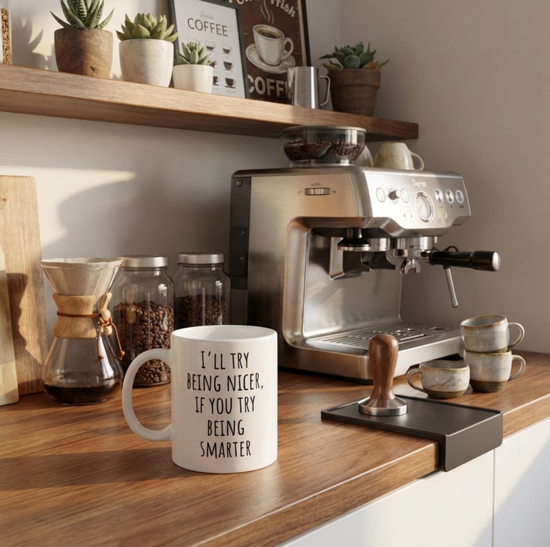 May include: A white coffee mug with the text "I'll try being nicer, if you try being smarter" sits on a wooden countertop. A stainless steel espresso machine, coffee beans in glass jars, and small ceramic mugs are also visible.