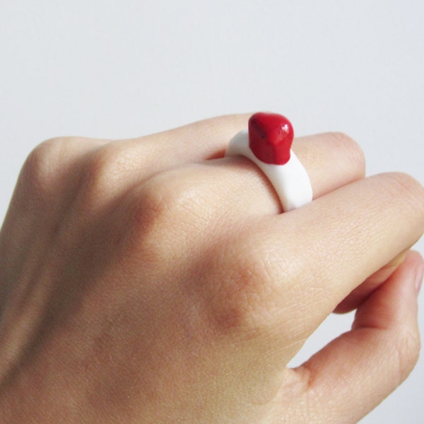 Red Dot On White Porcelain Ceramic Ring Handmade