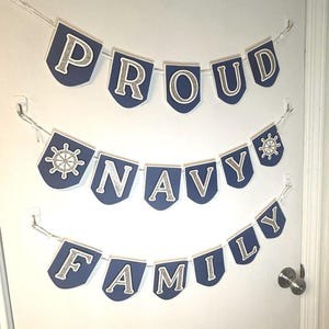 Proud Navy Family Glitter Banner: US Navy Graduation Door Decor with Helm Wheels