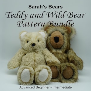 May include: Two plush bears, one cream-colored and one brown, are displayed with text reading Sarah's Bears Teddy and Wild Bear Pattern Bundle and Advanced Beginner - Intermediate. The bears feature shaggy fur, dark noses, and rounded ears.