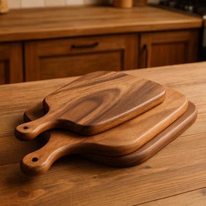 May include: Three wooden chopping boards with handles, stacked on a wooden surface. The boards are various sizes and have a rich, dark brown colour with visible wood grain. The handles have a hole for hanging.