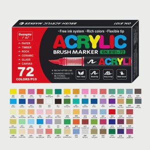 May include: A box of 72 acrylic brush markers with a variety of colors. The box is black with red, yellow, and pink text that reads "ACRYLIC BRUSH MARKER." The markers are water-based and non-toxic.