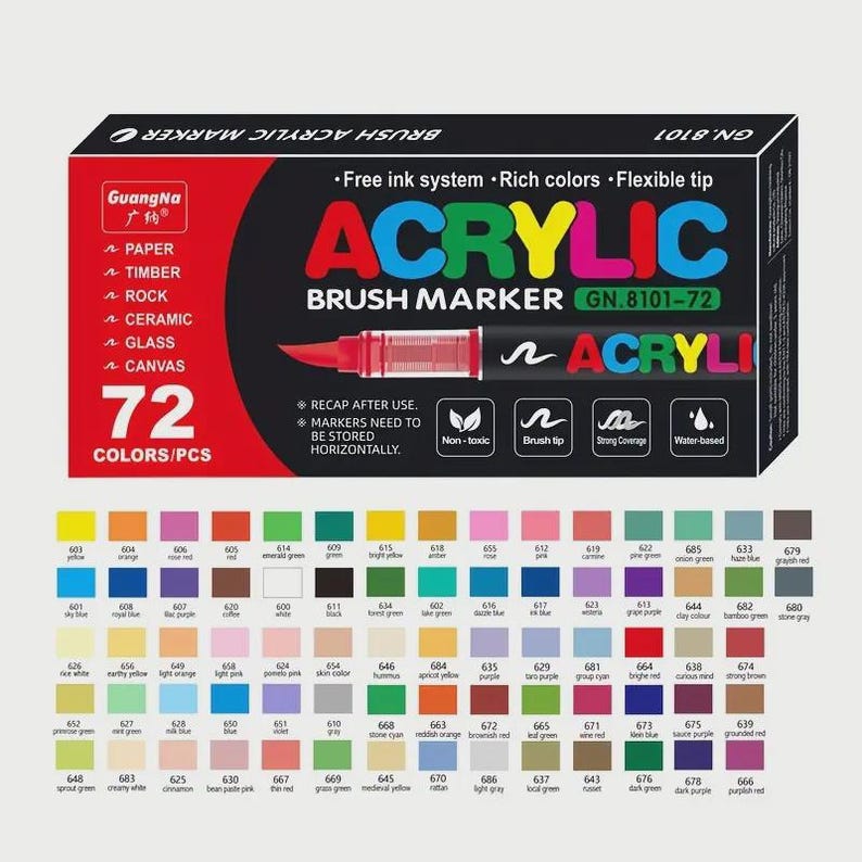 May include: A box of 72 acrylic brush markers with a variety of colors. The box is black with red, yellow, and pink text that reads "ACRYLIC BRUSH MARKER." The markers are water-based and non-toxic.