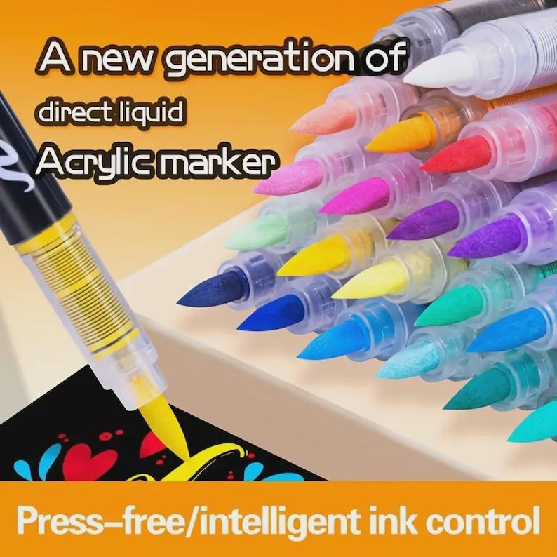 May include: A collection of colorful acrylic markers with various tip colors, including blue, green, yellow, and pink. The image includes the text "A new generation of direct liquid Acrylic marker" and "Press-free/intelligent ink control".