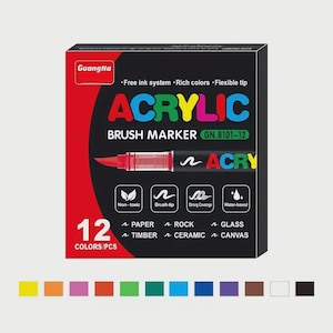 May include: A black and red box of GuangHa acrylic brush markers. The box features the word "ACRYLIC" in large, colorful letters. The box indicates the markers are water-based, non-toxic, and suitable for paper, rock, glass, timber, ceramic, and canvas. The box contains 12 colors.