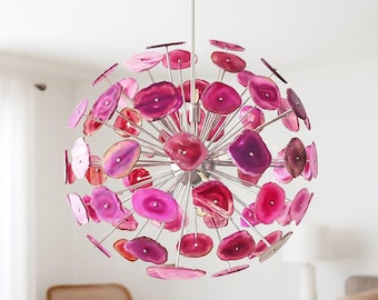 Large Pink Agate Sputnik Chandelier – Mid Century Modern Starburst Ceiling Light – Luxury Gemstone Statement Lighting for Dining Room