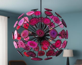 Black Pink Agate Sputnik Chandelier – Mid Century Modern Starburst Ceiling Light – Luxury Gemstone Statement Lighting for Dining Room