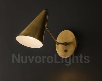 Mid Century Modern Brass Cone Wall Sconce – Adjustable Bedside Reading Light with Switch, Hardwired Wall Lamp for Bedroom, Hallway Wall