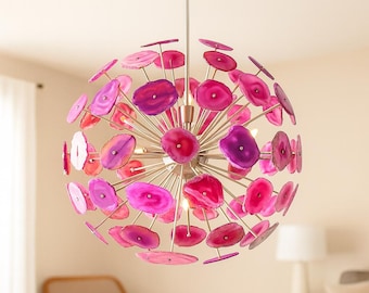 Pink Agate Sputnik Chandelier – Mid Century Starburst Statement Lighting