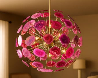 Blush Pink Agate Starburst Chandelier – Mid Century Modern Brass Ceiling Light Fixture Luxury Gemstone Pendant Lamp, Statement Lighting