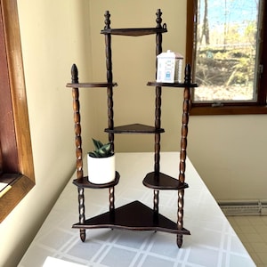 Vintage Whatnot Trinket Turned Wood Spindle Corner Shelf Mid Century Modern