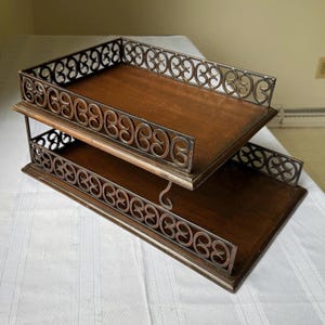 Vintage 2-Tier Wood and Metal Desk Organizer Ornate Scrollwork Design Desktop Storage Solution