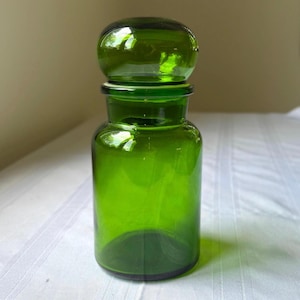 Vintage Belgian Green Glass Apothecary Jar with Stopper - Mid-Century Modern 8 3/4”