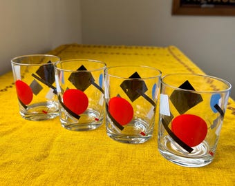 Vintage Mid Century Modern Whiskey Glasses Geometric Abstract Design