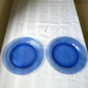 Pair of PYREX Festiva Cobalt Blue Swirl Rim Dinner Plates - 10 5/8”