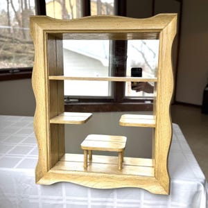 Vintage Wooden Shadow Box Shelf with Mirrored Back - Curio Display Case