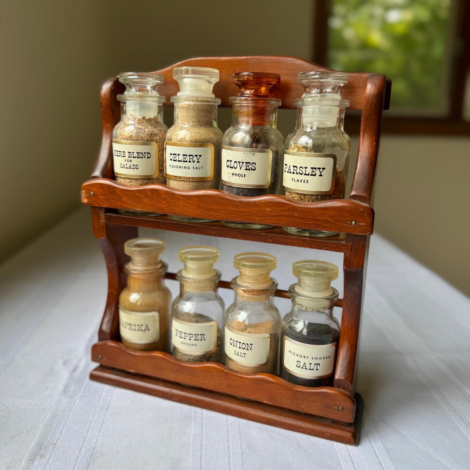 Vintage Spice Rack With Glass Bottles: Timeless Kitchen Charm