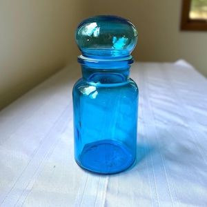Vintage Belgian Blue Glass Apothecary Jar with Stopper - Mid-Century Modern 8 3/4”