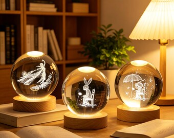 Lámpara de bola de cristal grabada en 3D, luz esférica galáctica futurista, adorno decorativo para escritorio.