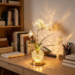 Lámpara de noche con forma de orquídea de cristal, lámpara de mesa con maceta artificial, luz ambiental, adorno de escritorio.