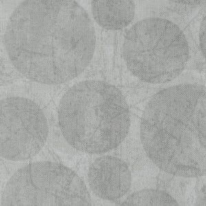 May include: A light gray fabric featuring a repeating pattern of darker gray circles of varying sizes. The material has a visible woven texture with subtle, thin, intersecting lines layered over the circular shapes throughout the entire surface.