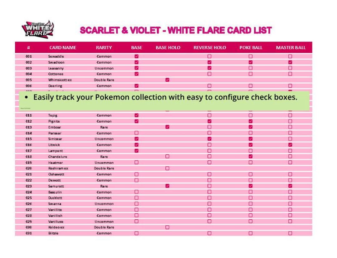 White Flare Pokémon Base + Master Set Checklist – Excel + Printable PDF ...