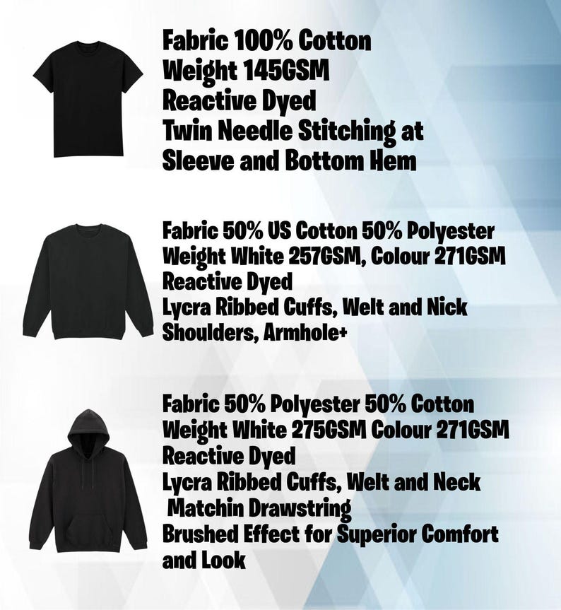 May include: Black t-shirt, sweatshirt, and hoodie. The image includes text describing the fabric composition, weight, and features like twin needle stitching, Lycra ribbed cuffs, and a brushed effect for comfort.
