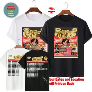 May include: Three t-shirts, white and black, with a concert graphic. The front of the shirts display the text "RAYE PRESENTS THIS TOUR MAY CONTAIN NEW MUSIC". The back of the black t-shirt shows tour dates and locations. The shirts are labeled "Front and Back Print T Shirt Hoodie Jumper".