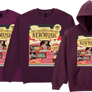 May include: Three maroon shirts: a t-shirt, a sweatshirt, and a hooded sweatshirt. Each features a graphic with the text "THIS TOUR MAY CONTAIN NEW MUSIC" and images of musicians. The design includes the words "BRASS", "MUSICAL", and "LOVE & PASSION".