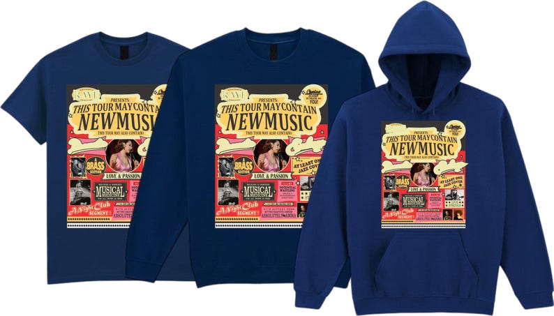 May include: Three navy blue shirts: a t-shirt, a sweatshirt, and a hooded sweatshirt. Each features a colorful graphic with the text "THIS TOUR MAY CONTAIN NEW MUSIC" and images of a woman, musical notes, and the word "BRASS".
