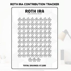 Può includere: Tracker delle contribuzioni Roth IRA in bianco e nero con il testo "ROTH IRA CONTRIBUTION TRACKER". Il tracker presenta una griglia di salvadanai, ciascuno con "$100", e un obiettivo di risparmio totale di $7.500.