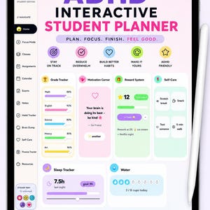 Peut inclure: Une tablette numérique affichant un planificateur étudiant interactif pour le TDAH. L'interface comprend des sections pour le suivi des notes, des habitudes et du sommeil, avec un design apaisant et des fonctionnalités adaptées au TDAH. Un stylet est visible.