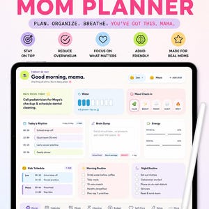 Pode incluir: Planejador interativo para mães com TDAH em um tablet. Design calmo, recursos interativos e adaptados ao TDAH. Inclui seções para rotinas diárias, verificações de humor e planejamento familiar.