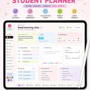 May include: ADHD interactive student planner on a tablet. Features include focus tools, habit trackers, and a study dashboard. The planner is designed to be ADHD-friendly and fully customizable, with a calming design and interactive features. Includes an instant download option.