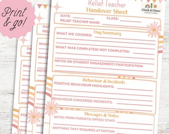 Może przedstawiać: Różowe i brzoskwiniowe arkusze przekazania dla nauczycieli z kwiatowymi akcentami i tekstem "Relief Teacher Handover Sheet". Arkusze zawierają sekcje dotyczące podsumowań dziennych, notatek dotyczących zaangażowania uczniów i incydentów behawioralnych.