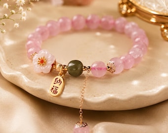Cherry Blossom Rose Quartz Bracelet | Lucky Fu Charm Bracelet | Pink Crystal Stretch Bracelet | Self Love Gift | Healing Jewelry