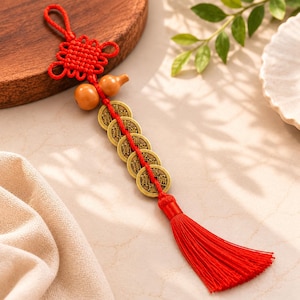 May include: A decorative hanging ornament featuring a bright red cord tied in a complex knot at the top, followed by a small tan gourd-shaped bead, five circular brass-colored metal coins with embossed Chinese characters, and a long red tassel.