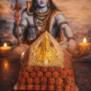 May include: A clear pyramid-shaped object with a gold-colored structure on top, filled with brown spheres. The background features a painting of a deity holding a trident, with candles on either side.