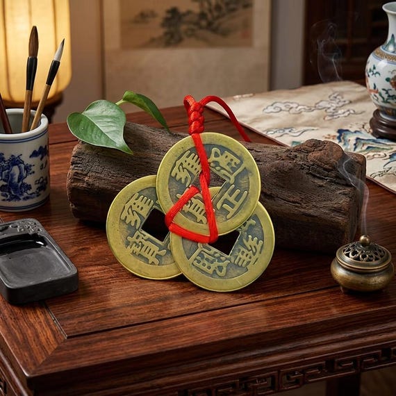 Chinese Feng Shui  Coins for Wealth & Prosperity | Lucky 3 Coin Charm with Red String | Good Luck Money Talisman | Abundance Decor