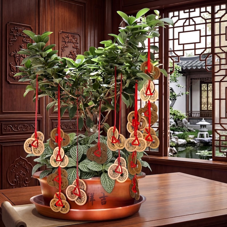 May include: A potted plant with green leaves and red ribbons holding bronze coins. The plant sits in a terracotta pot with Chinese characters. The background features a wooden door and a window overlooking a traditional garden.