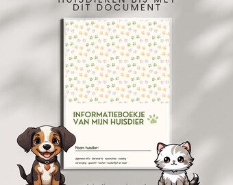 Könnte beinhalten: Ein Haustier-Informationsheft mit Pfotenabdruck-Design und dem Text "Informationsbroschüre meines Haustiers". Das Heft zeigt Illustrationen eines Hundes und einer Katze. Der Text oben lautet "Behalten Sie alles über Ihre Haustiere mit diesem Dokument".