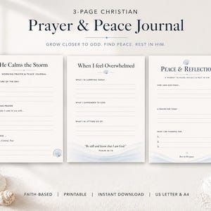 May include: A three-page Christian Prayer & Peace Journal with the text "Prayer & Peace Journal" and "Grow closer to God. Find peace. Rest in Him." The journal pages include prompts for reflection and prayer.